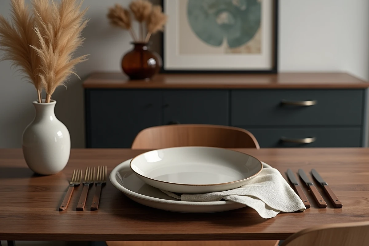 Table à manger en noyer avec couverts tendance et buffet anthracite en arrière-plan dans un appartement moderne
