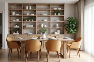 Table à manger en chêne massif avec chaises rembourrées et meuble de rangement ouvert dans un salon scandinave moderne