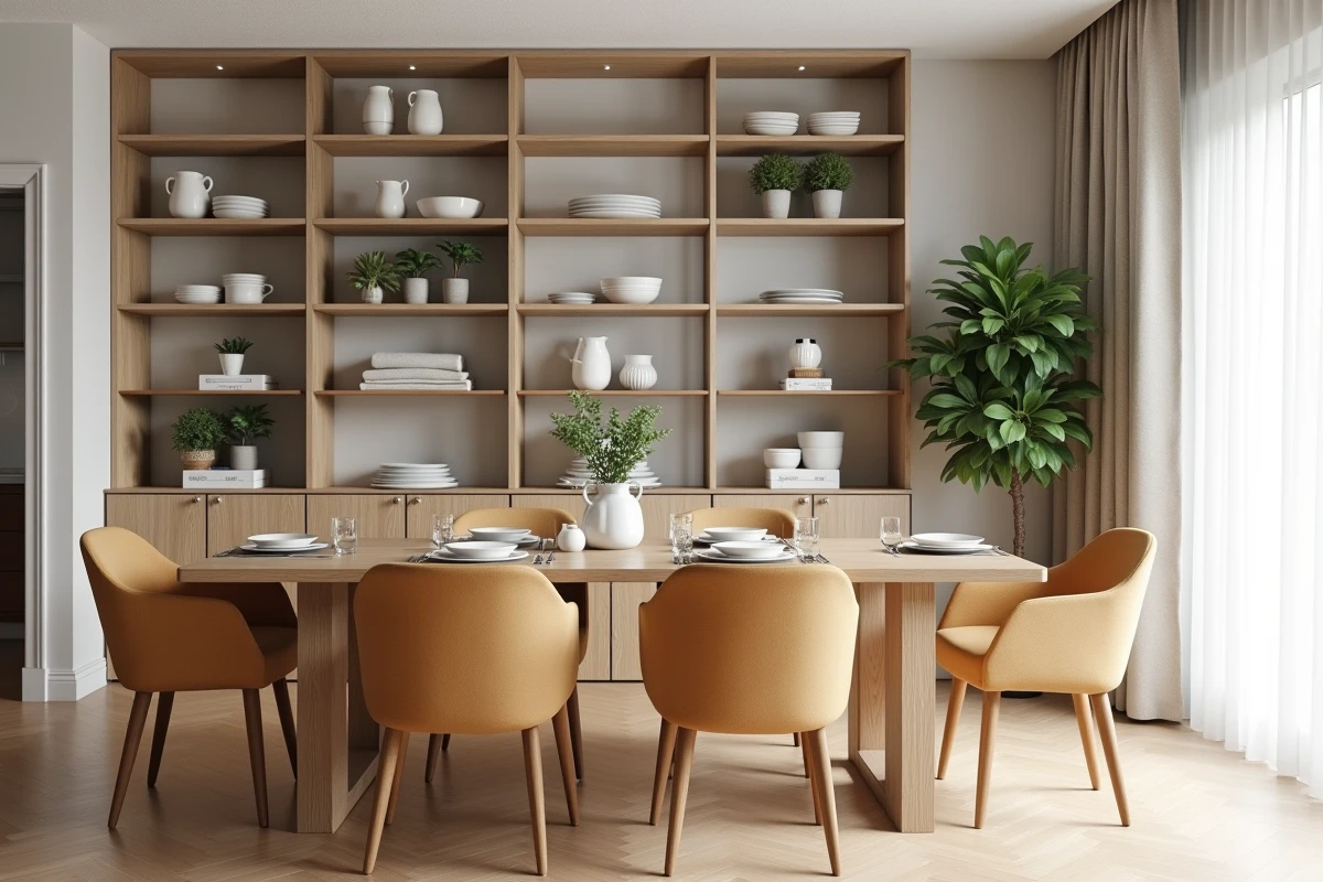 Table à manger en chêne massif avec chaises rembourrées et meuble de rangement ouvert dans un salon scandinave moderne