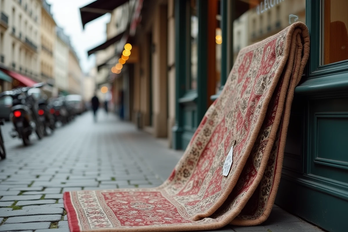 Tapis persan roulé avec étiquette de prix devant une boutique de nettoyage à sec en milieu urbain