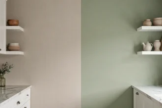 Comparaison entre tapisserie lavable et peinture lessivable sur un mur de cuisine moderne en camaïeu de tons chauds et verts sauge