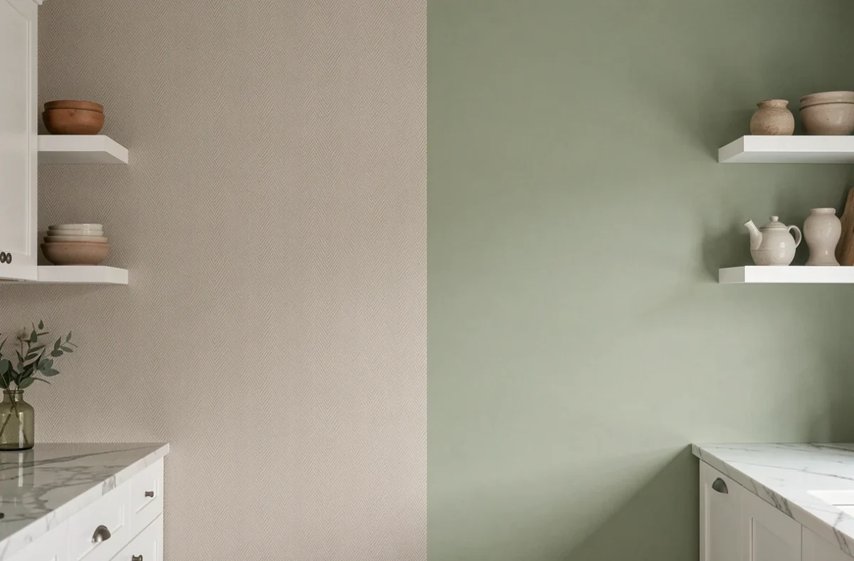 Comparaison entre tapisserie lavable et peinture lessivable sur un mur de cuisine moderne en camaïeu de tons chauds et verts sauge