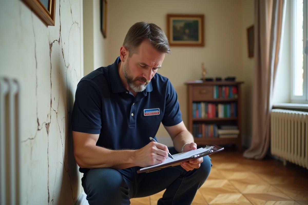 Technicien d'assistance évaluant les dégâts dans un appartement lors d'une intervention d'urgence GMF