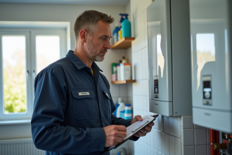 Technicien chauffage inspectant une chaudière murale moderne