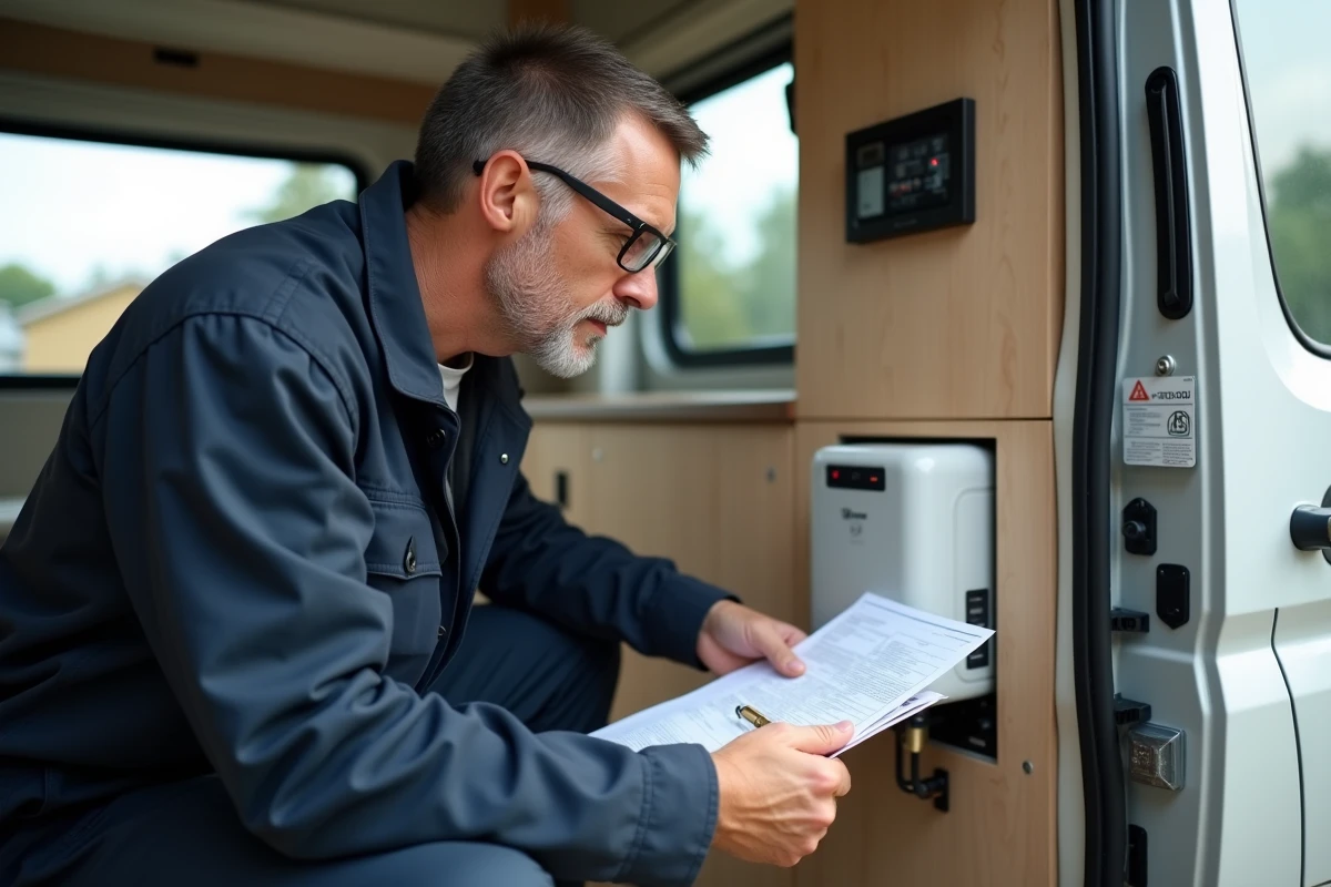 Technicien consultant une liste de codes erreur Truma Combi 4 à l'intérieur d'un camping-car
