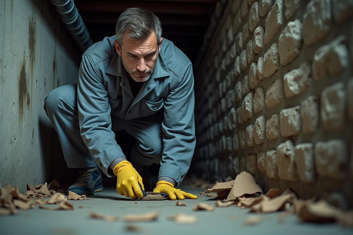 Technicien dératiseur inspectant un piège dans une cave humide lors d'une intervention professionnelle contre les loirs