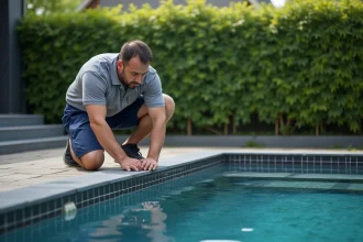 Technicien vérifiant une piscine avec décoloration des carreaux