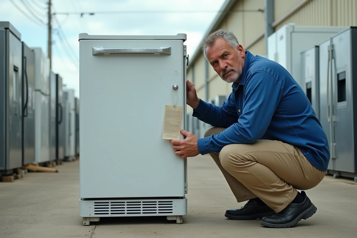 Technicien vérifiant un réfrigérateur en recyclage extérieur