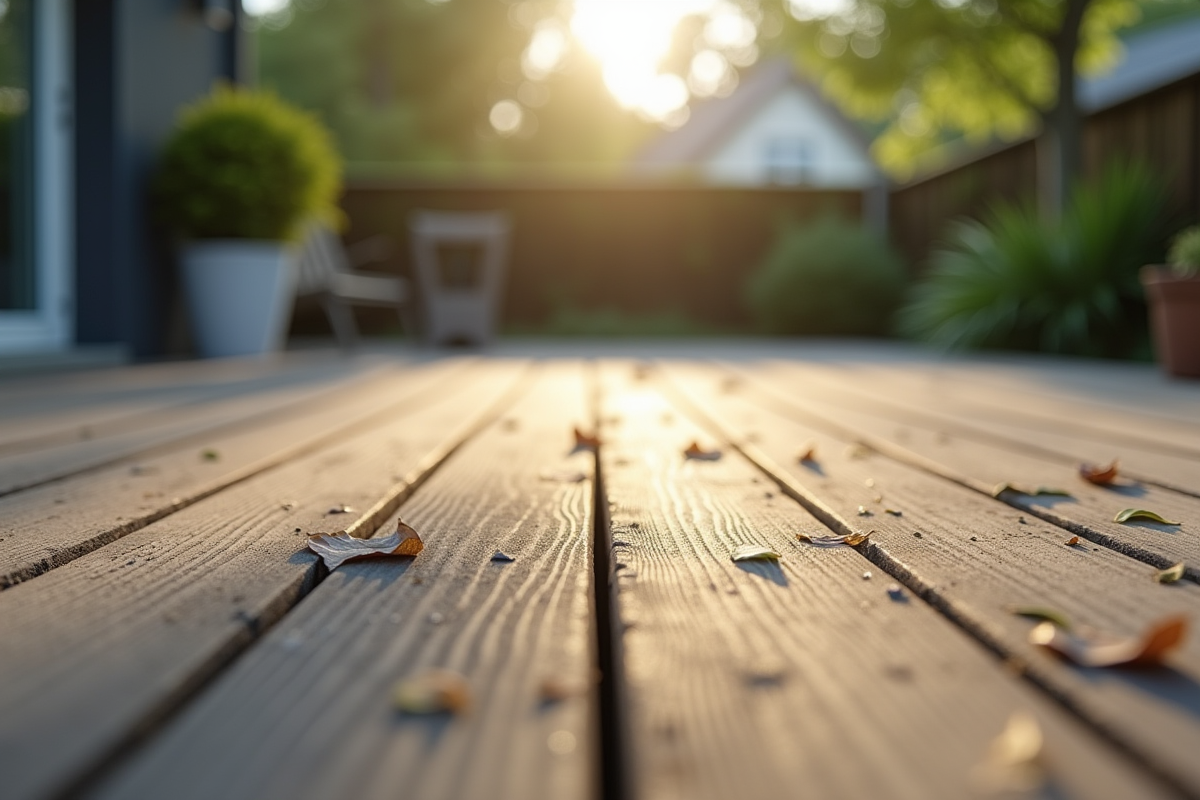 Terrasse composite vieillie avec usure et débris naturels visibles