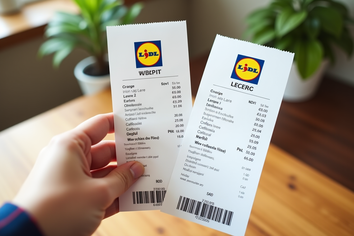 Main tenant deux tickets de caisse Lidl et Leclerc sur une table