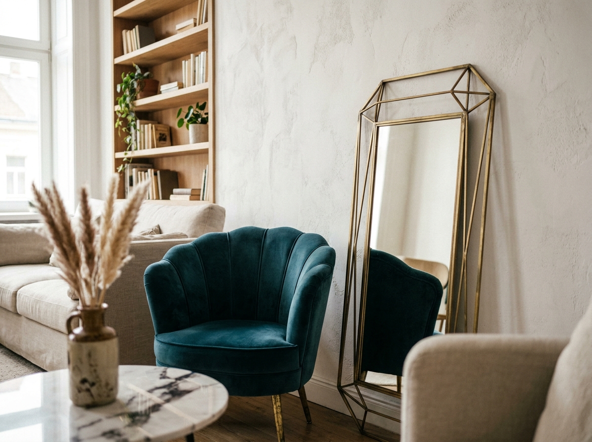 Coin salon avec miroir géométrique en laiton et fauteuil en velours style art déco intégré dans un intérieur moderne