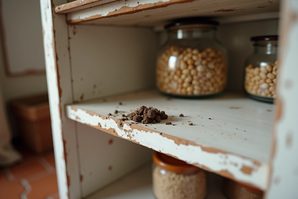 Traces de morsures et déjections de loir sur une étagère de cuisine en bois dans une maison ancienne, indiquant la présence d'un rongeur