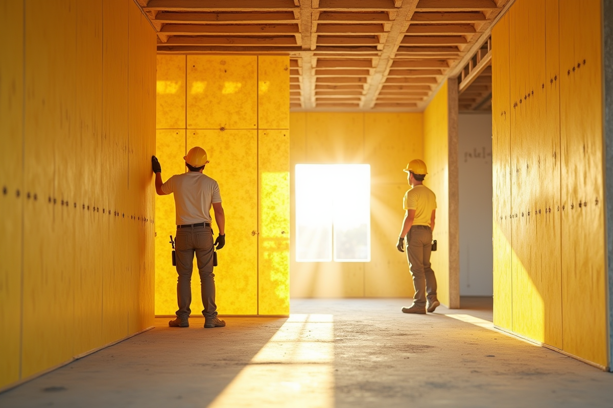 Construction avec isolation jaune dans un bâtiment en construction