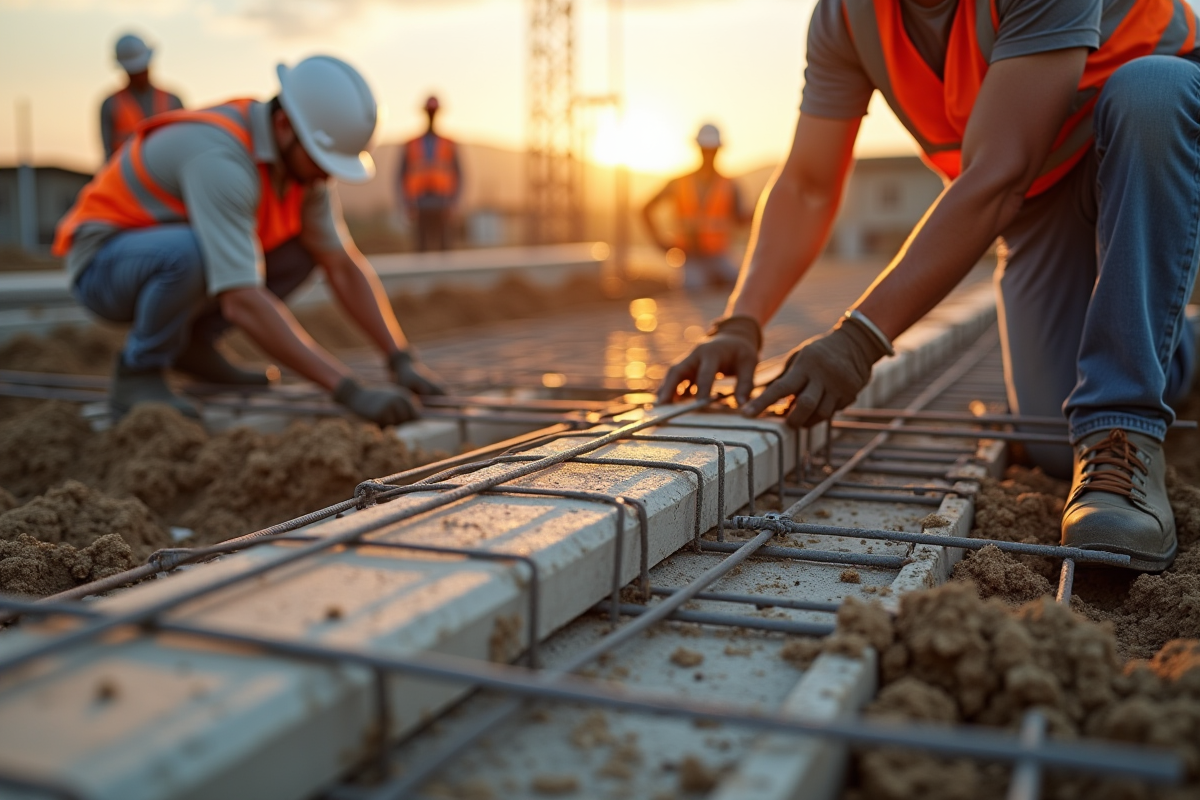Travailleurs renforçant une fondation en béton et acier