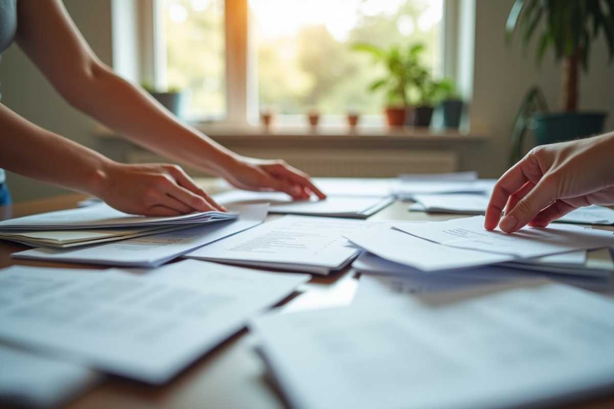 Mains triant des papiers sur une table lumineuse