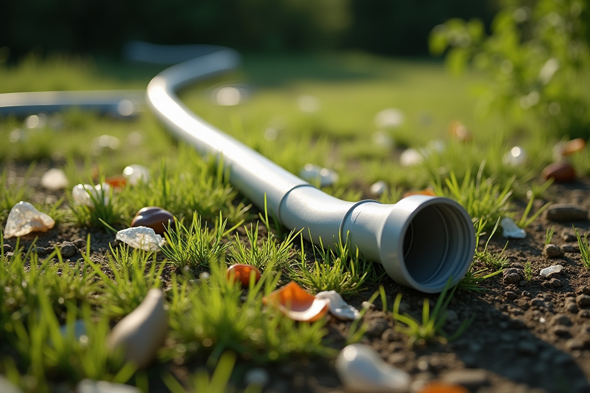 Tuyau PVC abandonné sur herbe polluée par des déchets