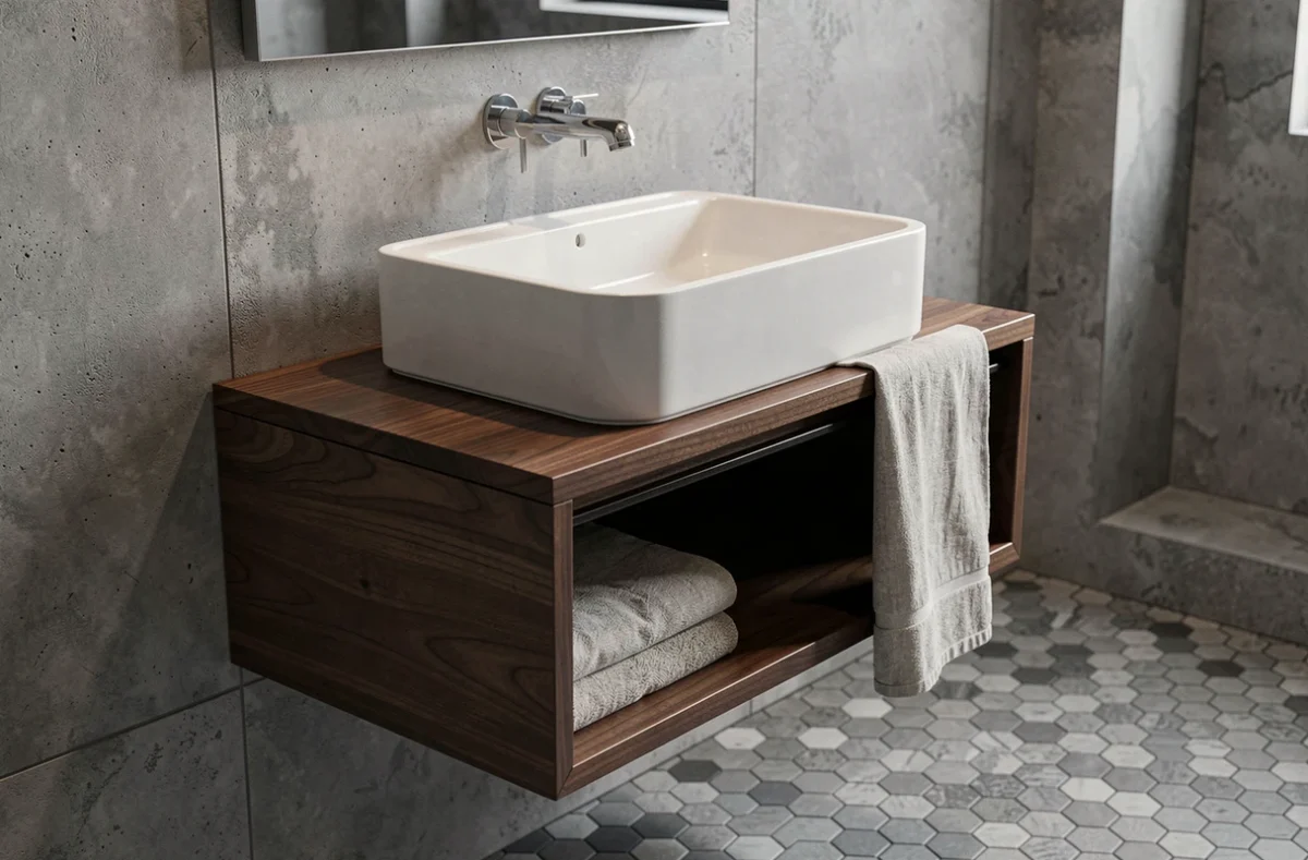 Vasque à poser en céramique mate blanche sur meuble vasque en noyer dans une salle de bain industrielle contemporaine