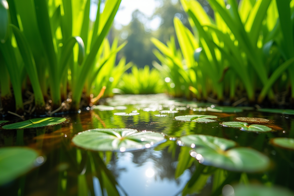 Plantes aquatiques vertes dans un étang naturel lumineux