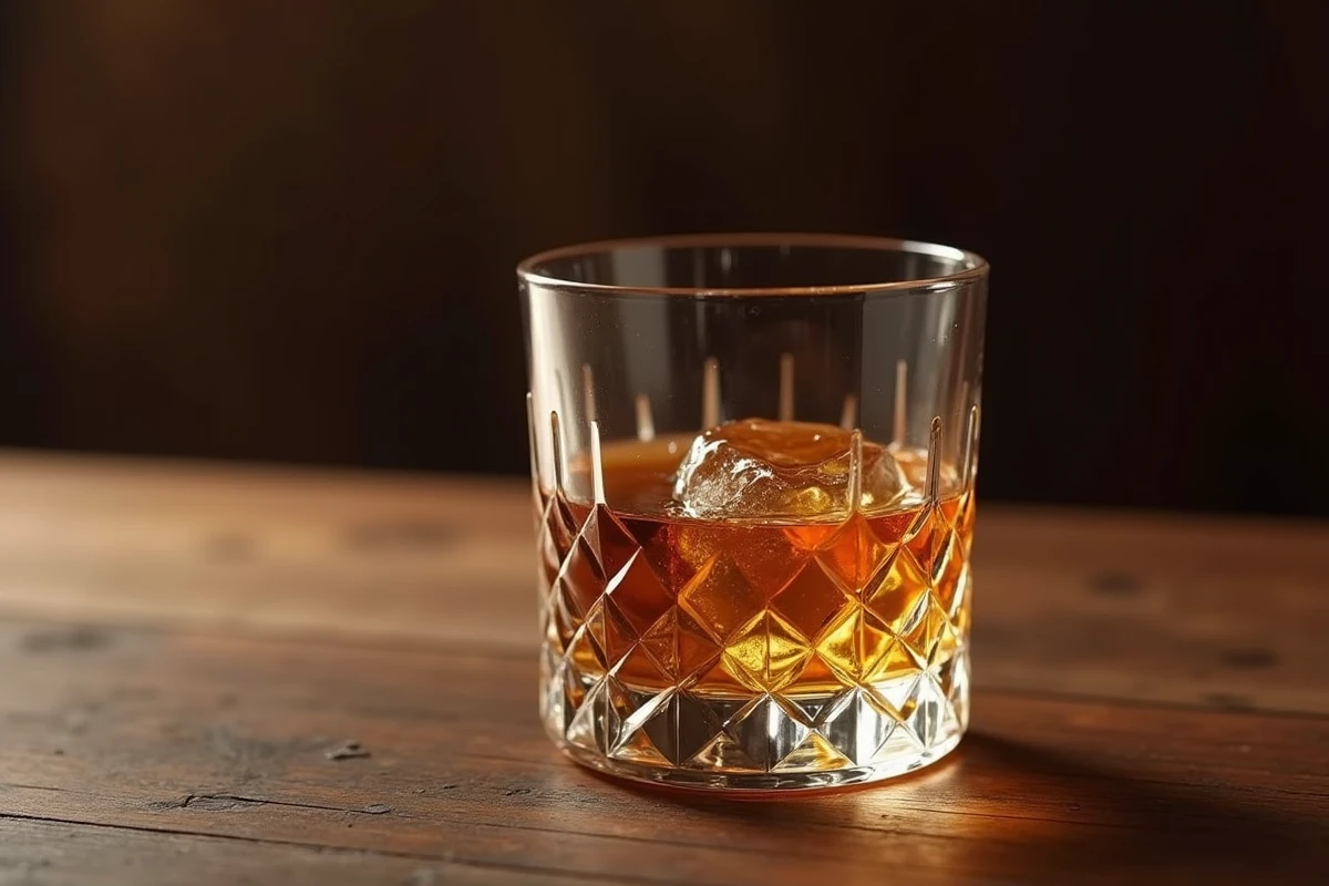 Verre à whisky japonais en cristal posé sur une surface en bois sombre avec une sphère de glace fondante et du whisky ambré