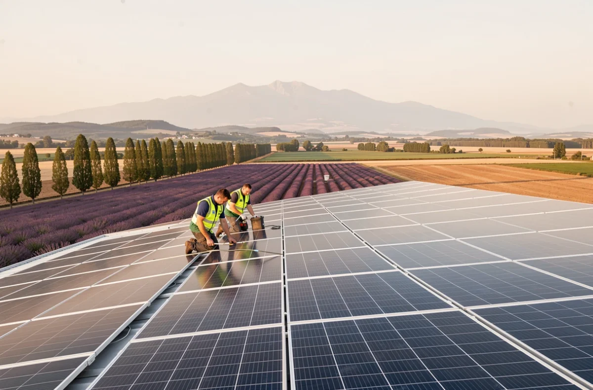 Techniciens de Verteole installant des panneaux photovoltaïques sur une grange agricole dans la Drôme