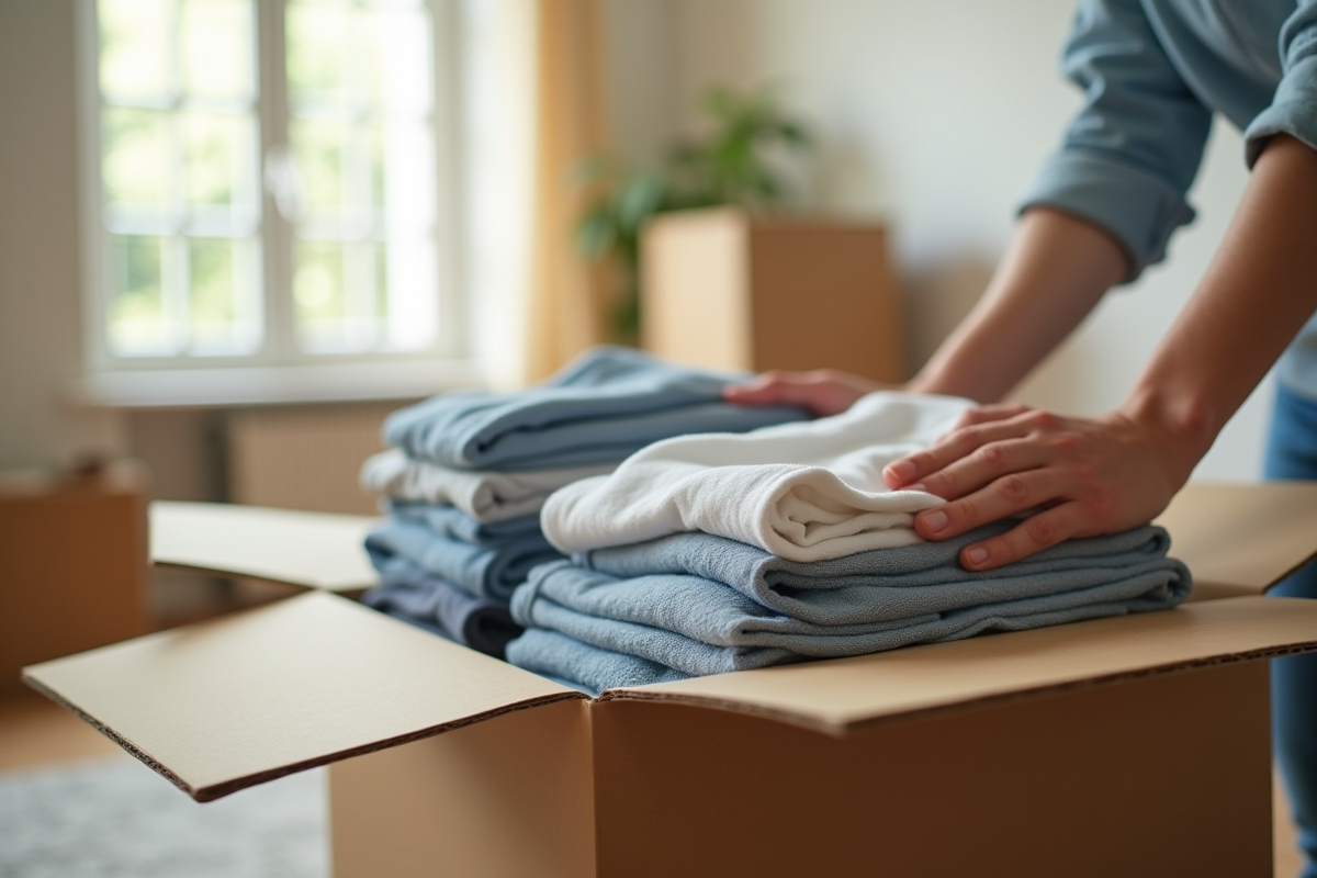 Vêtements pliés dans des cartons dans un salon lumineux