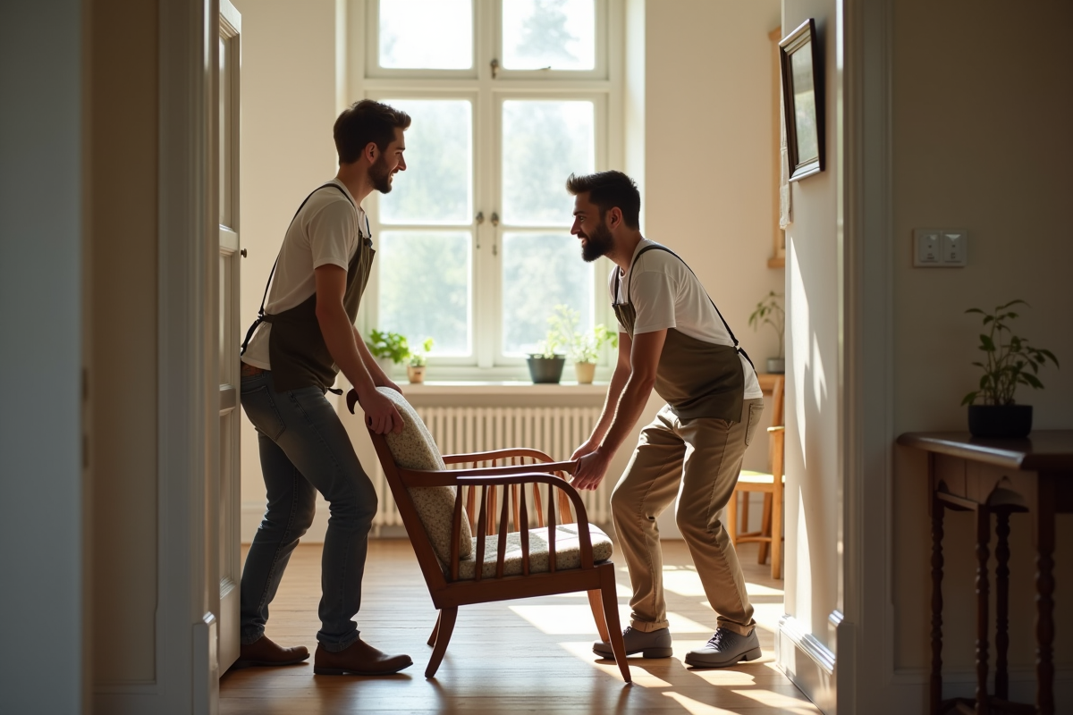 Volontaires transportant un vieux fauteuil en bois dans un salon lumineux
