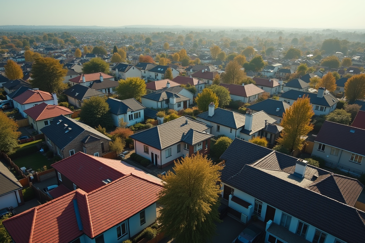 Vue aérienne de toits avec matériaux variés dans quartier