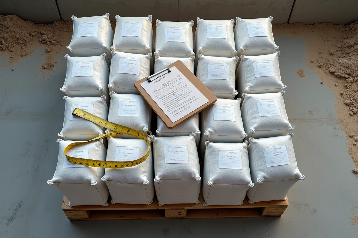 Vue aérienne d'une palette complète de sacs de ciment 25 kg sur un chantier de construction avec feuille de calcul de budget